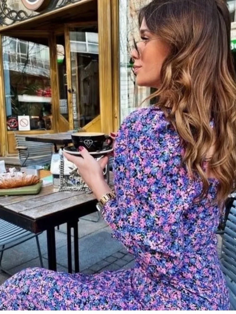 Zara Floral Ruched Midi Dress Size Medium Puff Sleeve Open Back - Picture 5 of 10